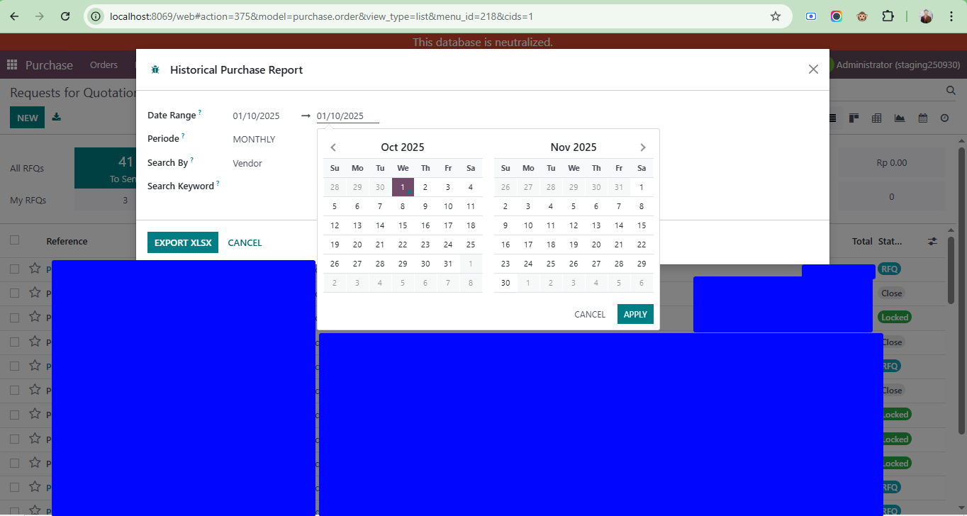 Historical purchase Report screenshot